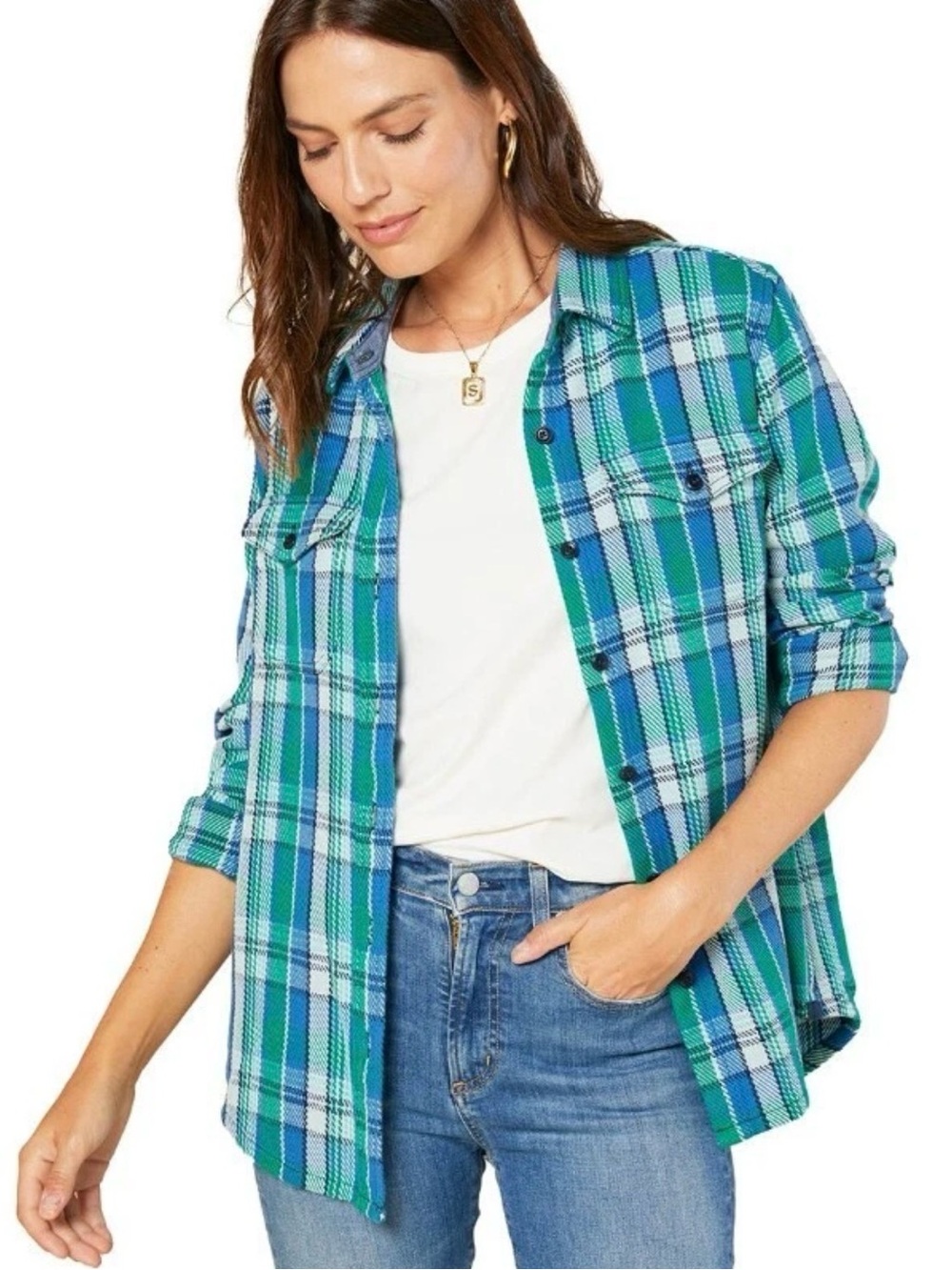 Outerknown Women’s Blanket Shirt in Ultramarine Green Arcadia size M/L